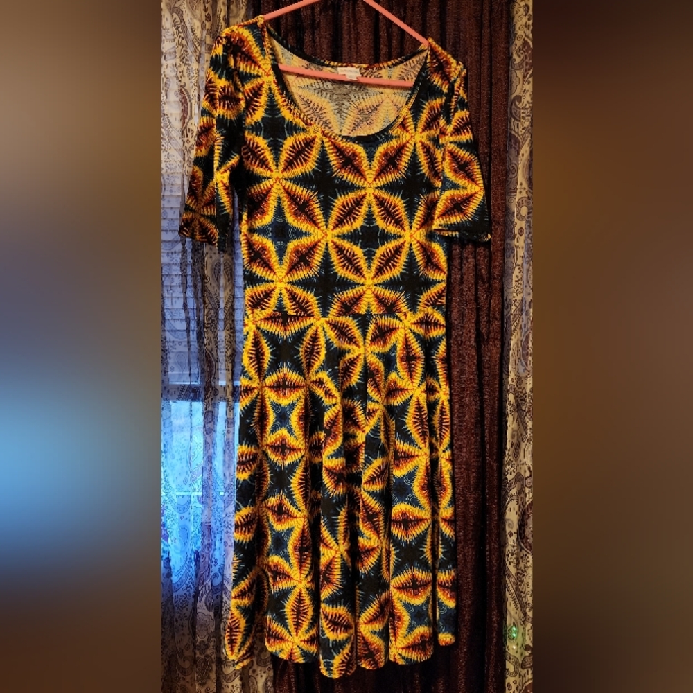 LuLaRoe Starburst Patterned Midi Dress - Black and Yellow
